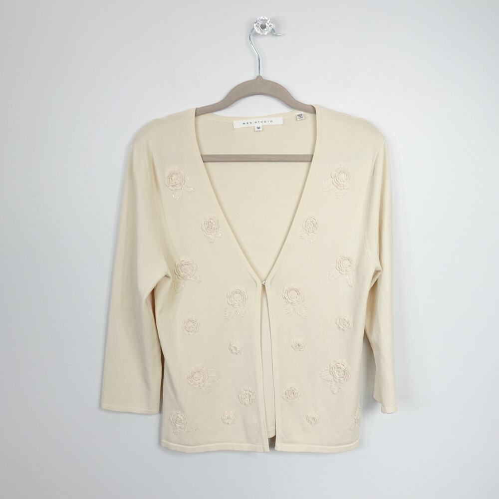 Vintage 90s Y2K Max Studio Cream Floral Beaded Open Front Clasp Cardigan